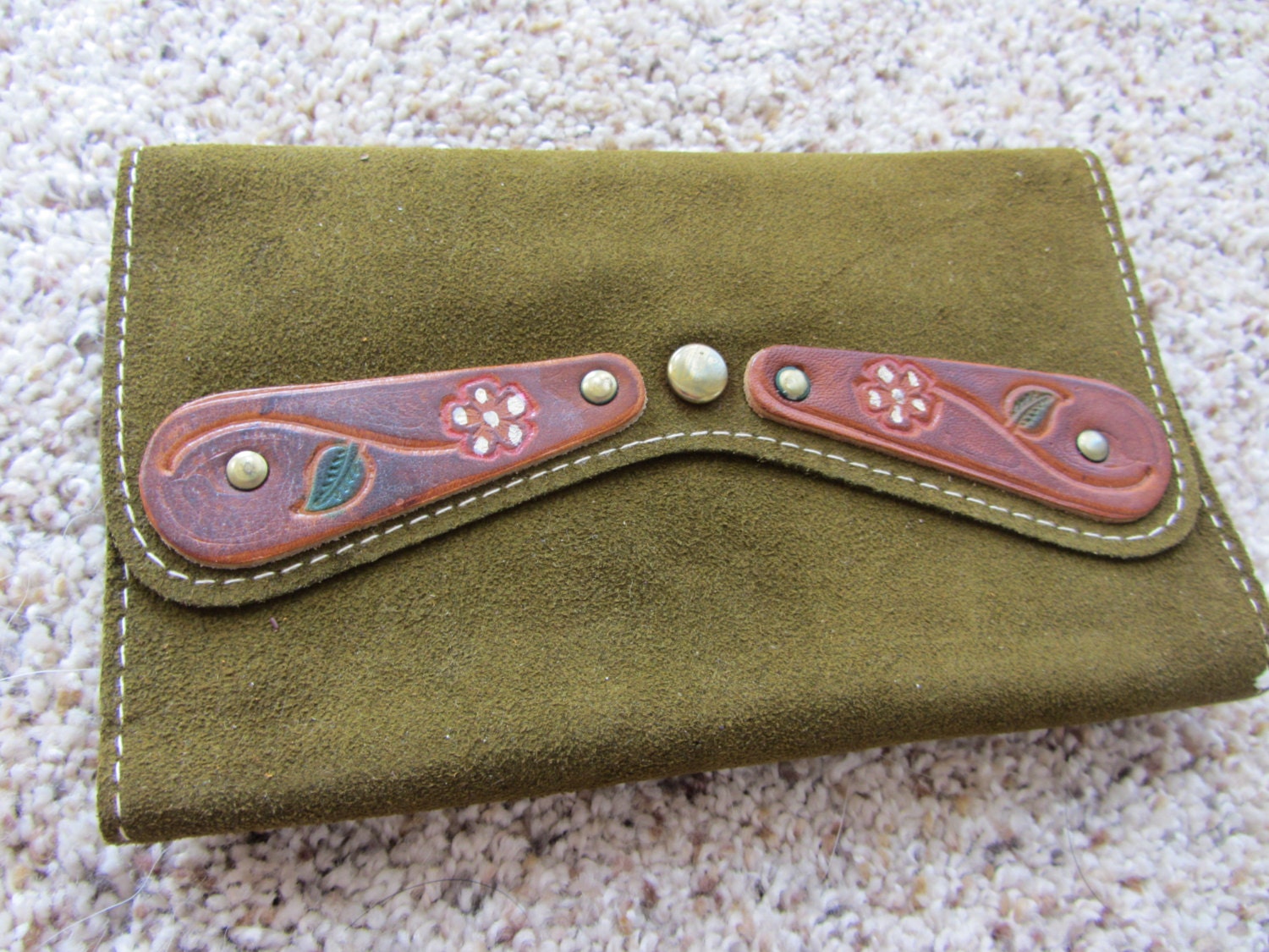 Vintage Green Brown CHARTREUSE Suede Leather Wallet Coin Purse New Old Stock NOS Stamped Embellishment