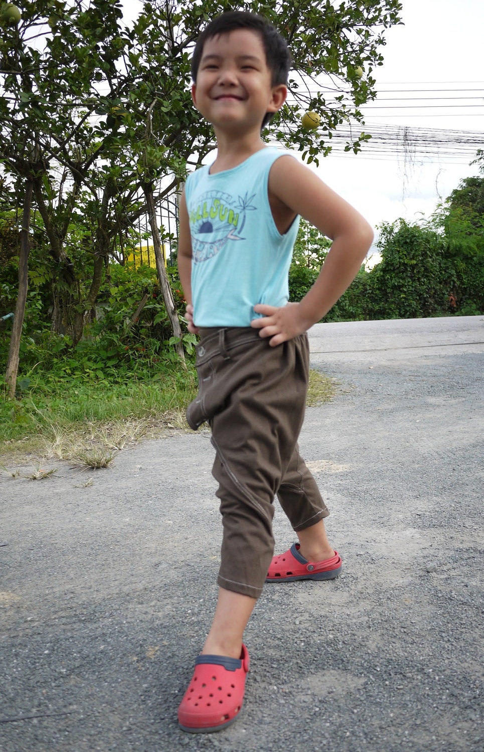 KID' s Unisex Pants - Dark Brown Stretch Cotton Drop Crotch Pants With 1 Patched Pocket
