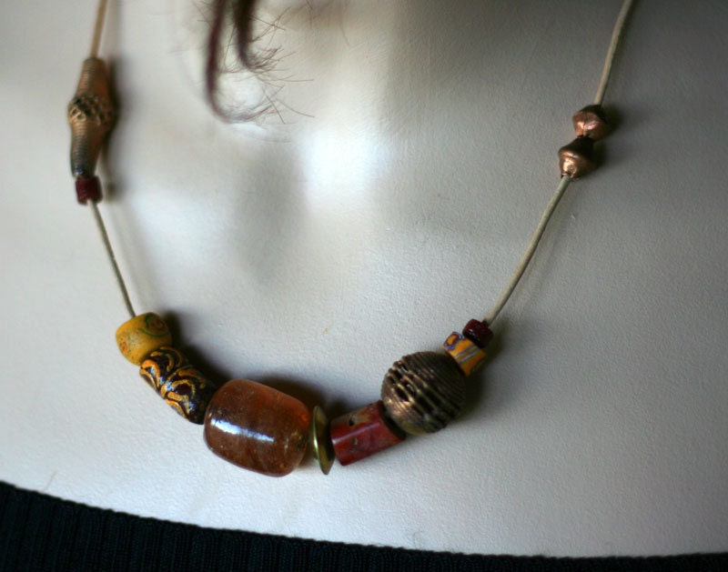 Amber and brass vintage bead necklace