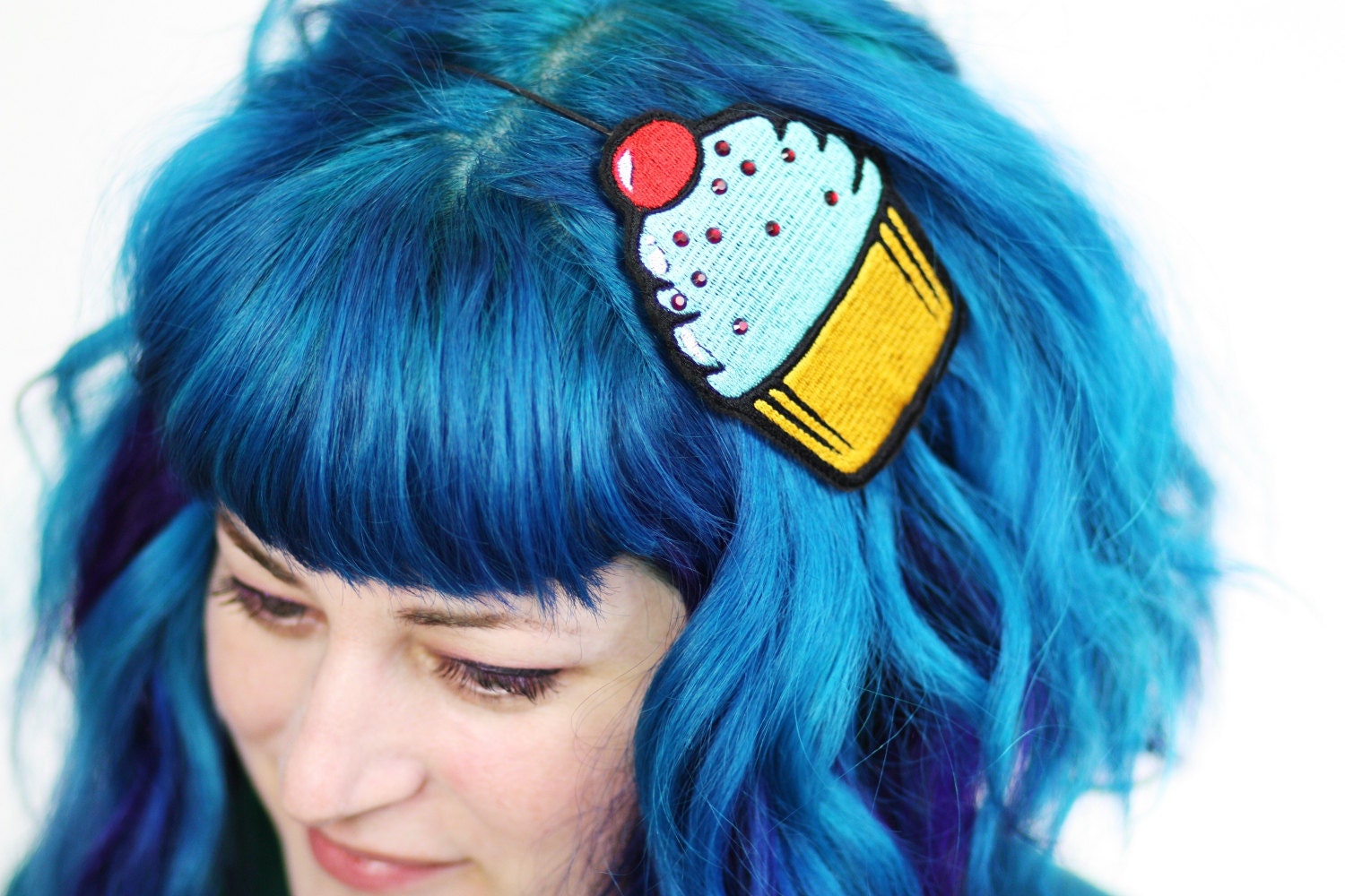 Cupcake Headband, Turquoise, Kawaii Headband, Red rhinestones