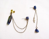 Chain Ear Cuff Post Earring, Cross Earring, Quartz Pyrite Drop Earring, Double Chain earcuff, Boho Earcuff Earring