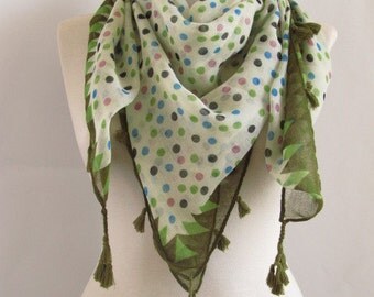 polka dot scarves SQUARE scarf Tasseled scarves  Cotton  Scarf ..%100 Cotton green scarves