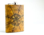 Hand Carved Compass Rose Traveling Leather Flask 8oz