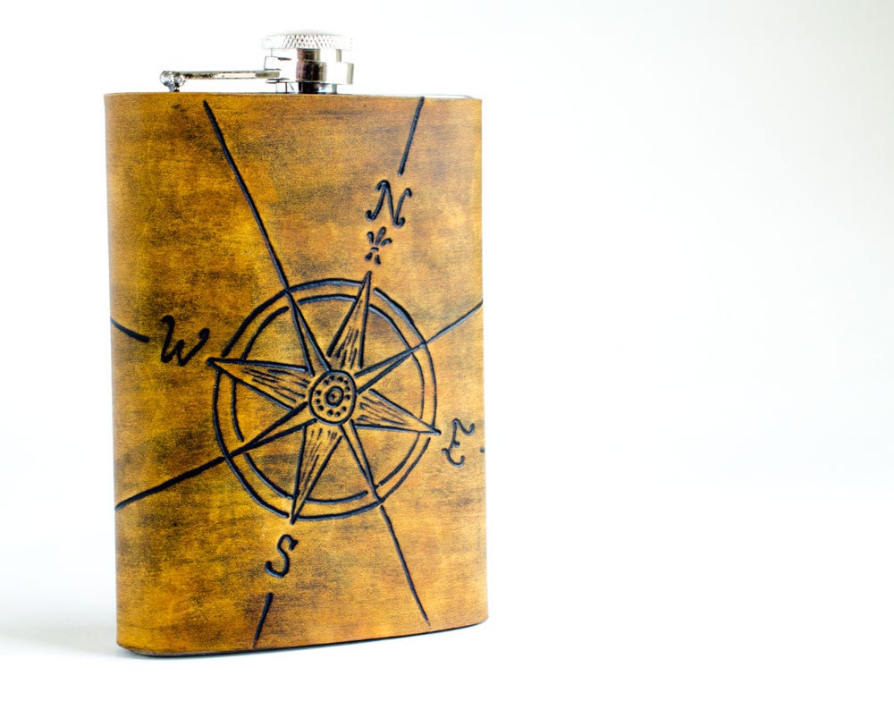 Hand Carved Compass Rose Traveling Leather Flask 8oz