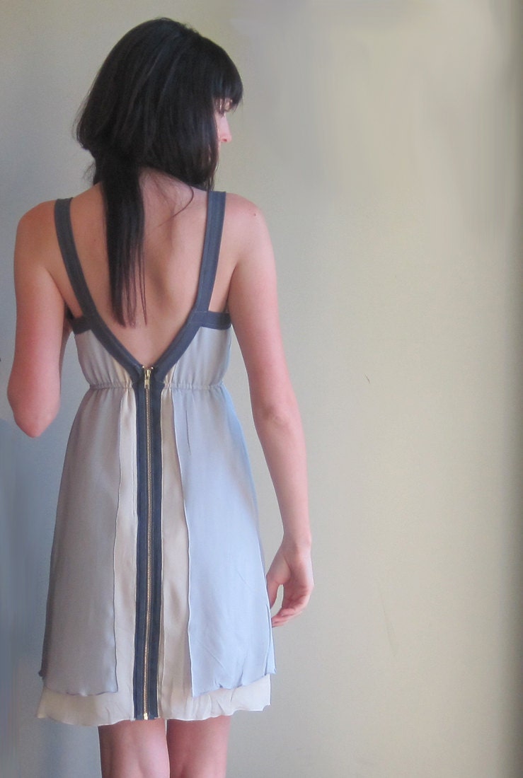 Grey minimal silk dress - geometric lines with deep v-neckline and zip up back - large