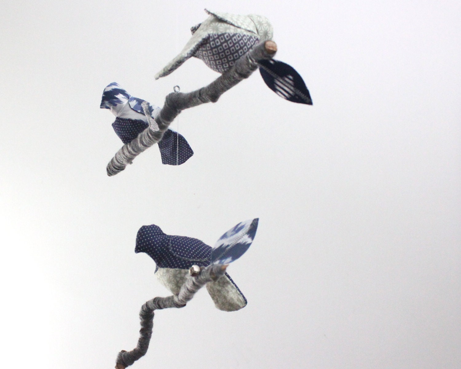 Modern Bird Mobile for Nursery Decor -  fabric sculpture on yarn wrapped branches in navy blue, silver gray, white, and cobalt