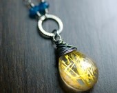 Gold Rutilated Quartz London Blue Topaz Sterling Silver Necklace, Oxidized, Pendant, Yellow, Sunflower, Canary, Lemon - "Sunbeam"