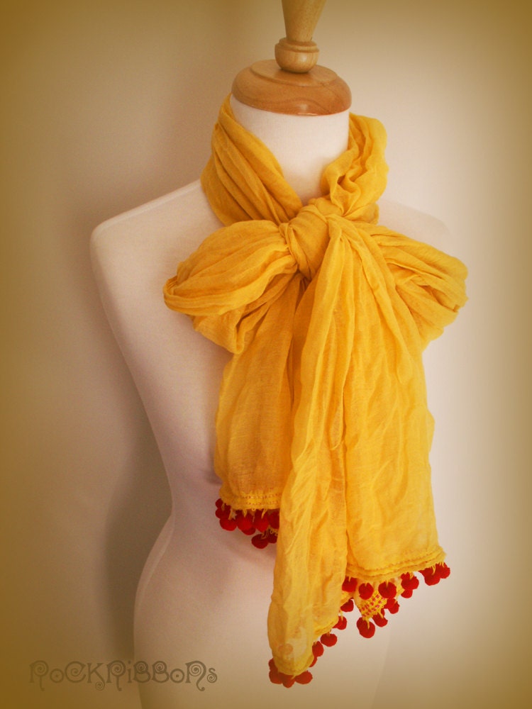Large yellow scarf - sunflower muslin cotton wrap - primary color - pom pom trim shawl - neck warmer - cotton scarf - shoulder wrap.