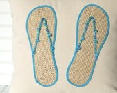 Turquoise beaded flip flop pillow for your coastal living beach house