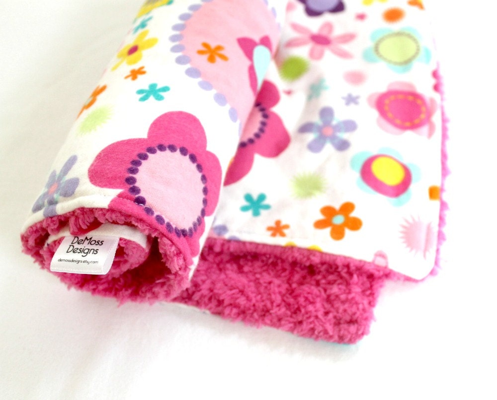 Small Ultra Soft Baby Blanket, Bright Floral with Extra Plush Pink Chenille - DeMossDesigns