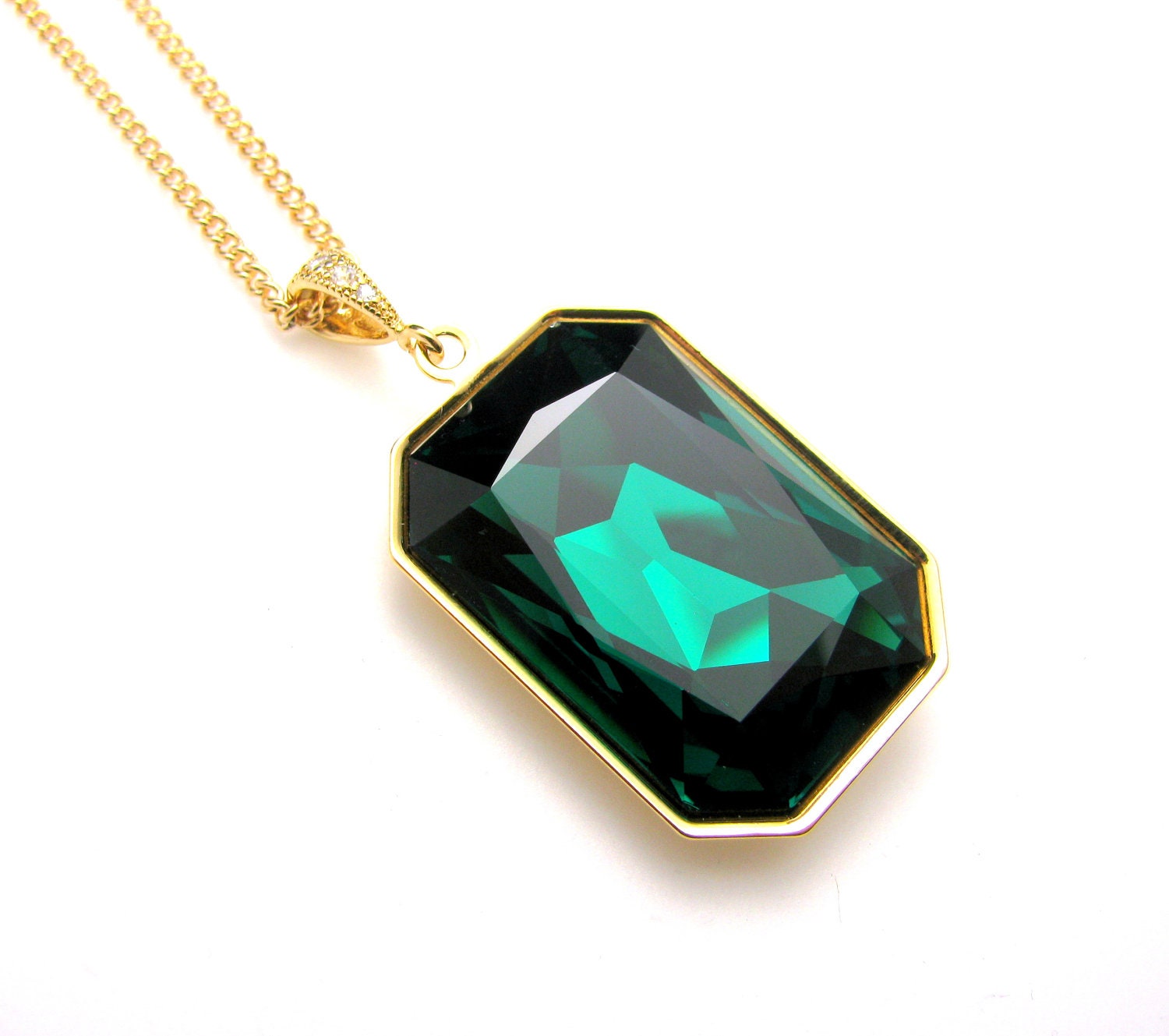 Swarovski Emerald green vintage rectangle foiled crystal rhinestone pendant with gold plated chain necklace- Free US shipping - DesignByKara
