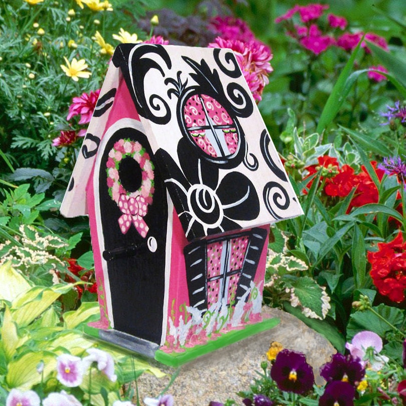 Pink and Black Hand Painted Birdhouse