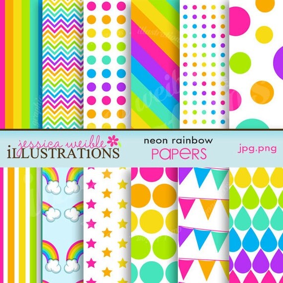 Neon Rainbow Cute Digital Papers for Card Design, Scrapbooking, and Web Design Il_570xn