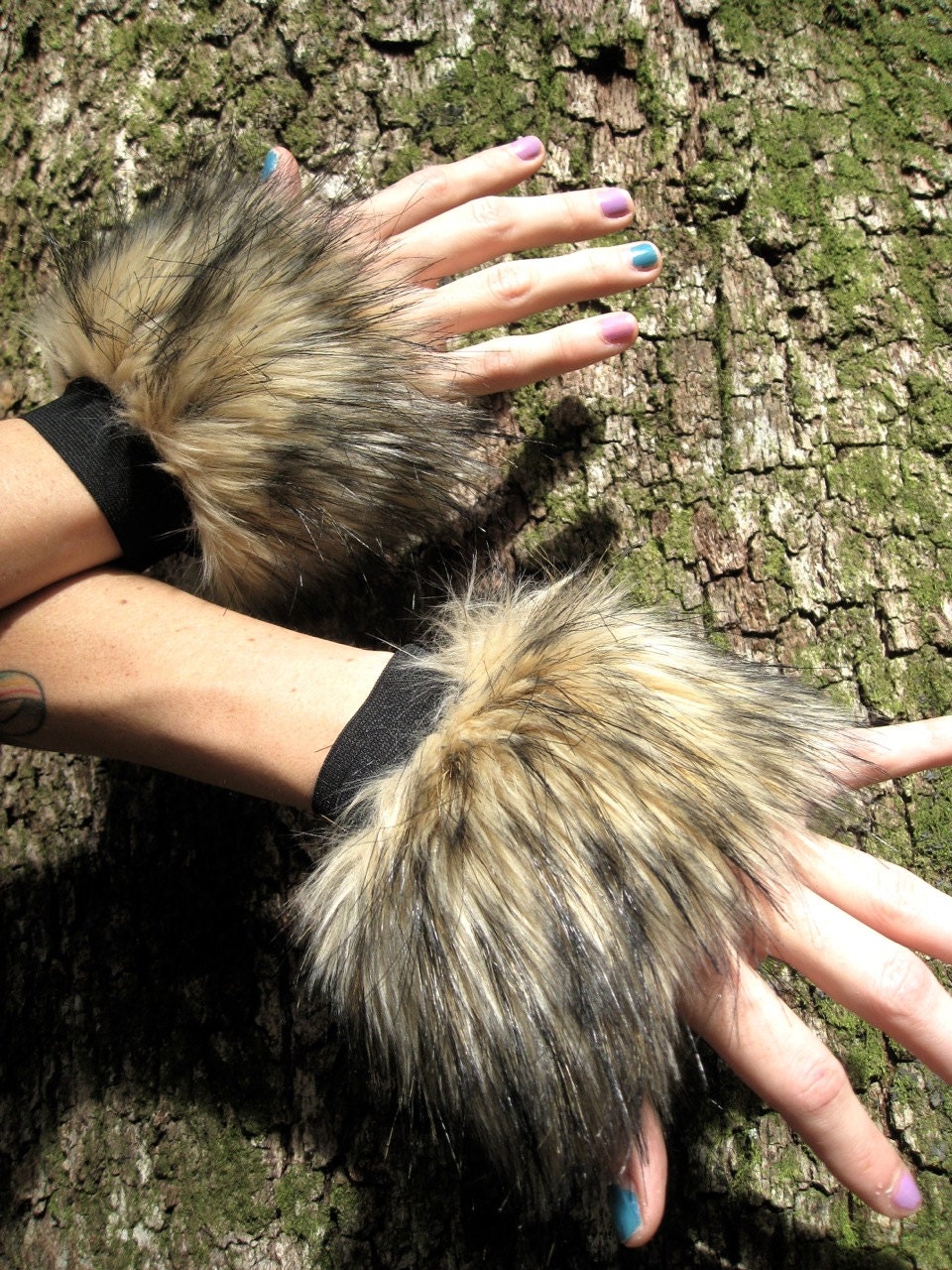 Furry FOx CUffs  -- Faux Fur Wrisrt Cuffs -- Brown // Tan // Black -- Costume accessory Unisex -- animal fox cosplay festivals hula hoop
