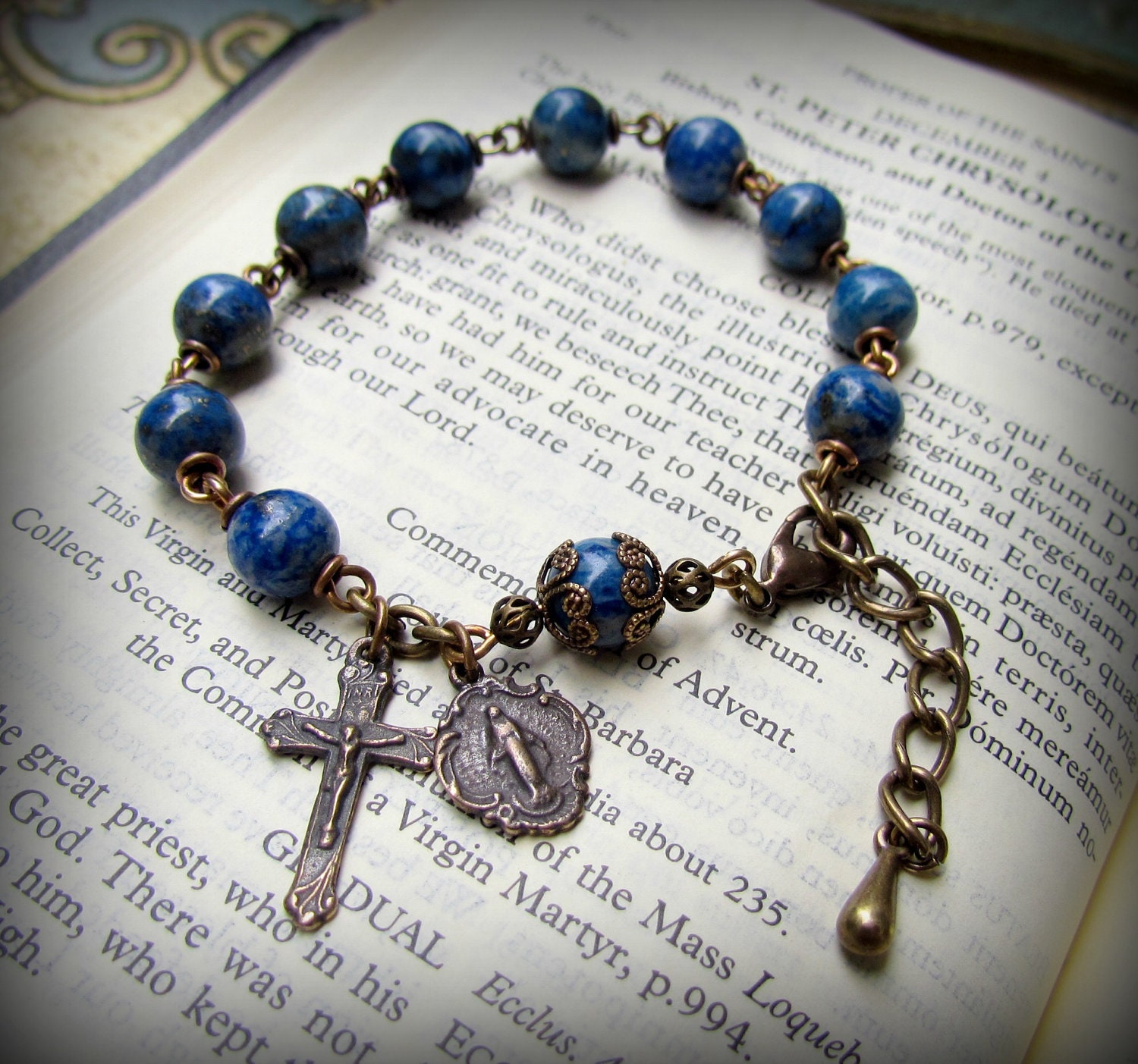 Catholic Blue Rosary Bracelet in Denim Lapis Lazuli and Bronze Medals