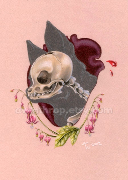 Chihuahua Skull Illustration 5"x7" Giclee Mini Print - "Bleeding Heart"