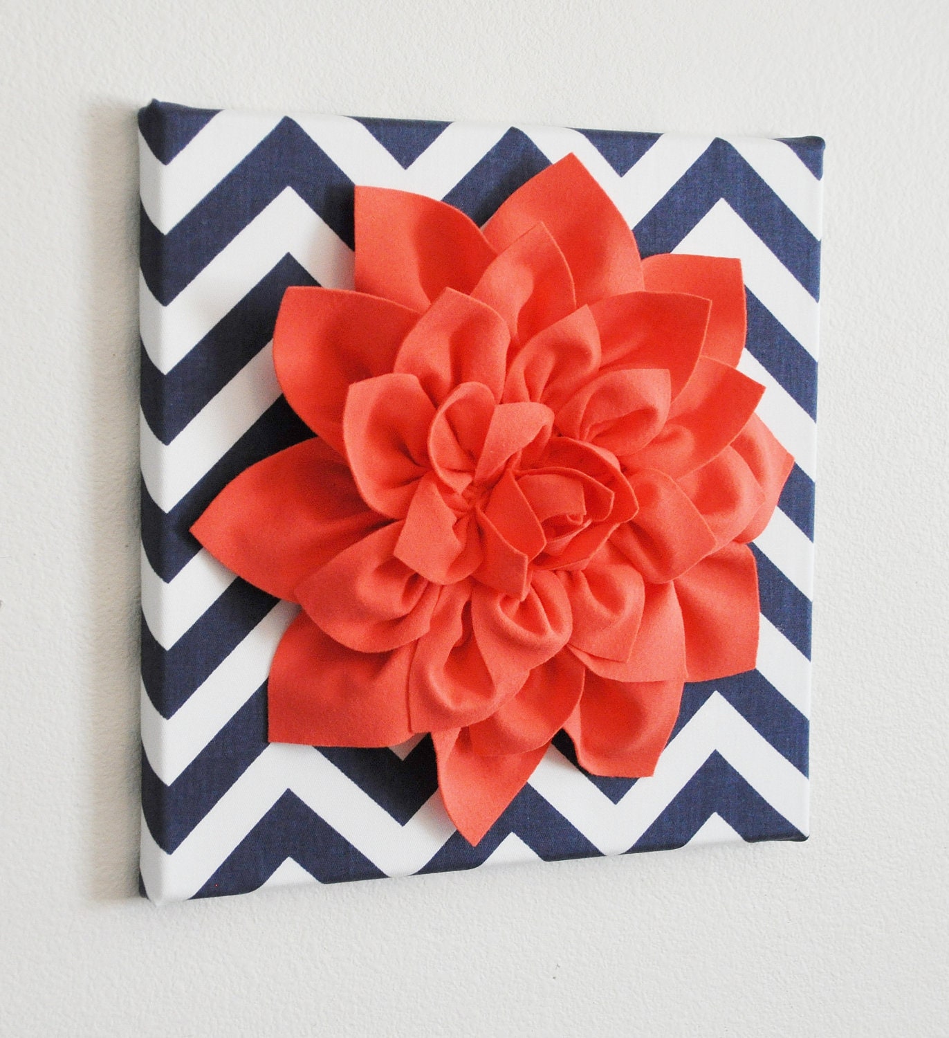Wall Flower -Coral Dahlia on Navy and White Chevron 12 x12" Canvas Wall Art- 3D Felt Flower