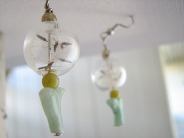 Glass Bead Earrings Dangle Dandelion Fluff  Aventurine Birds - Spring Flight