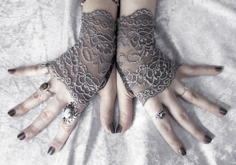 Narquelie Lace Fingerless Glove Mittens - Dark Charcoal Grey Silver Floral Fishnet - Gothic Vampire Victorian Wedding Fetish Goth Bridal