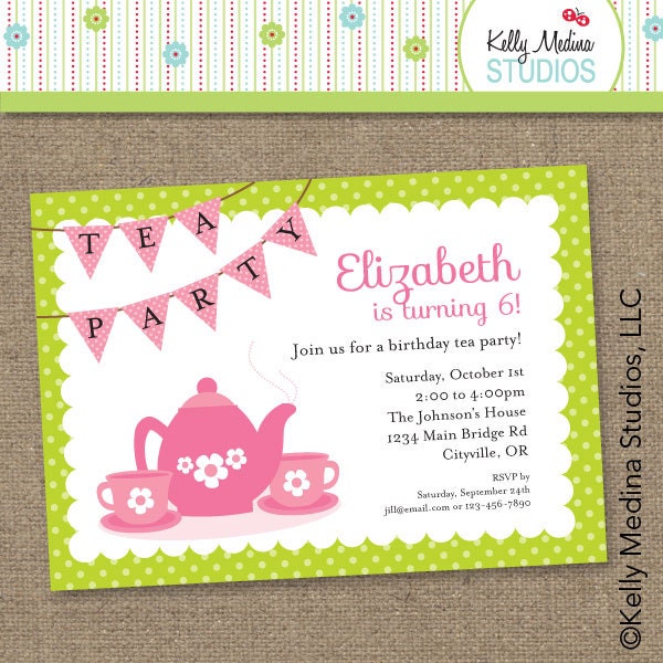 Custom Tea Party Birthday Invite Green and Pink - Personalized Printable Digital Invitation - Personal Use Only