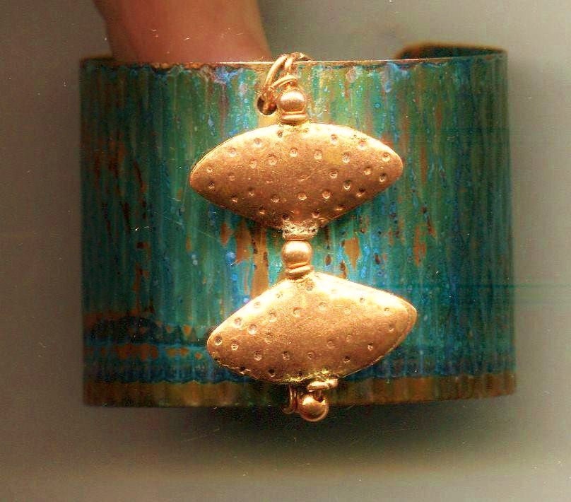 TURQUOISE PATINA On COPPER Bracelet Cuff...Wired and embellished  Free Shipping to usa