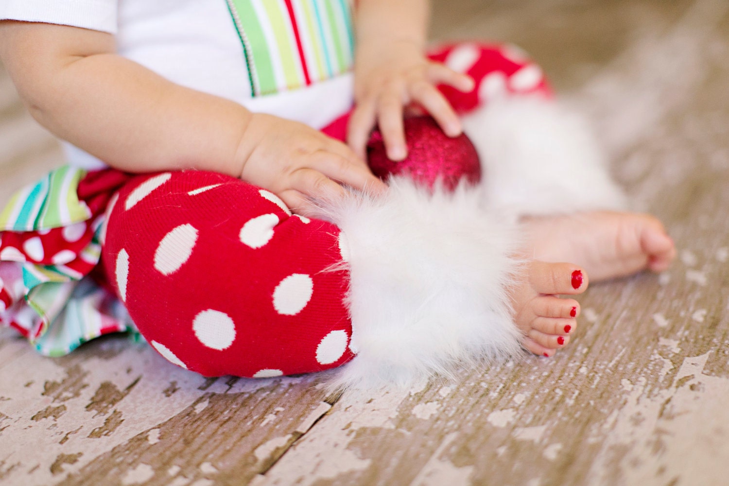 Christmas winter Baby Infant Girl red and white polka dots leg warmers w/attached white faux fur for added cuteness