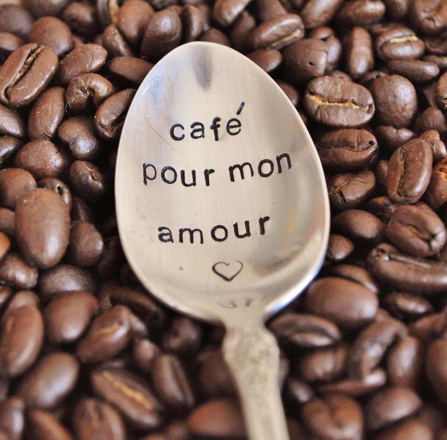 Cafe Pour Mon Amour (TM)-  French Hand Stamped Vintage Coffee Spoon for COFFEE LOVERS