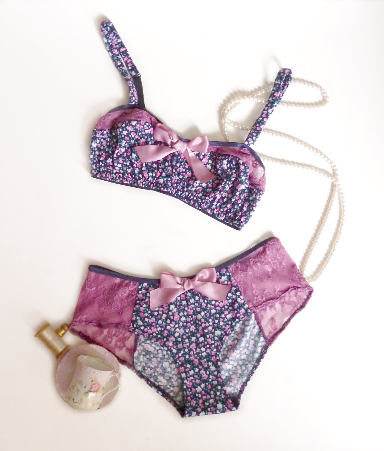 Floral and Lace Retro Summer Camp Bra and Panties Set Handmade to Order