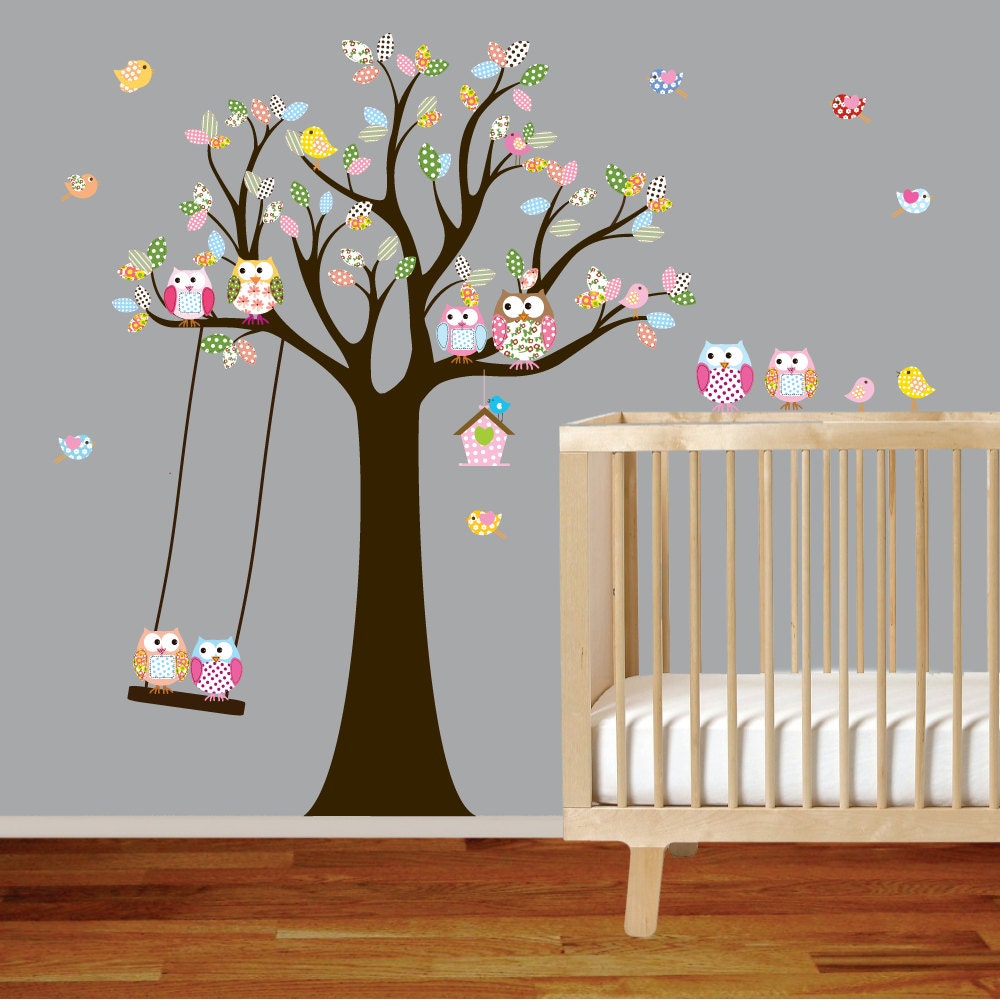 Vinyl Wall Decal Stickers Owl Tree with Swing Birds Nursery Girls Baby
