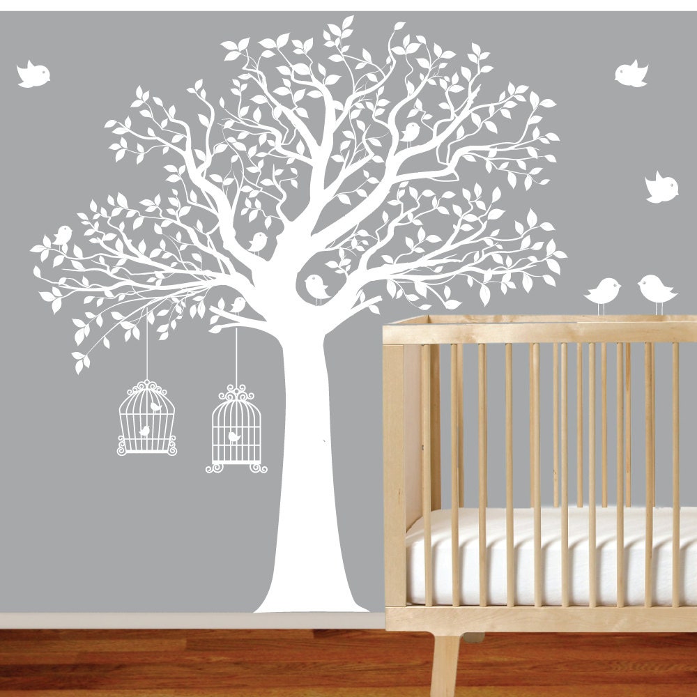 Vinyl Wall Decal Stickers Bird White Tree Set Nursery Wall Sticker with bird cage