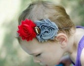 Ohio State University Football Shabby Chic Red & Gray Double Flower Baby Headband - Newborn - Infant - Toddler - Girl - Adult - Photo Prop