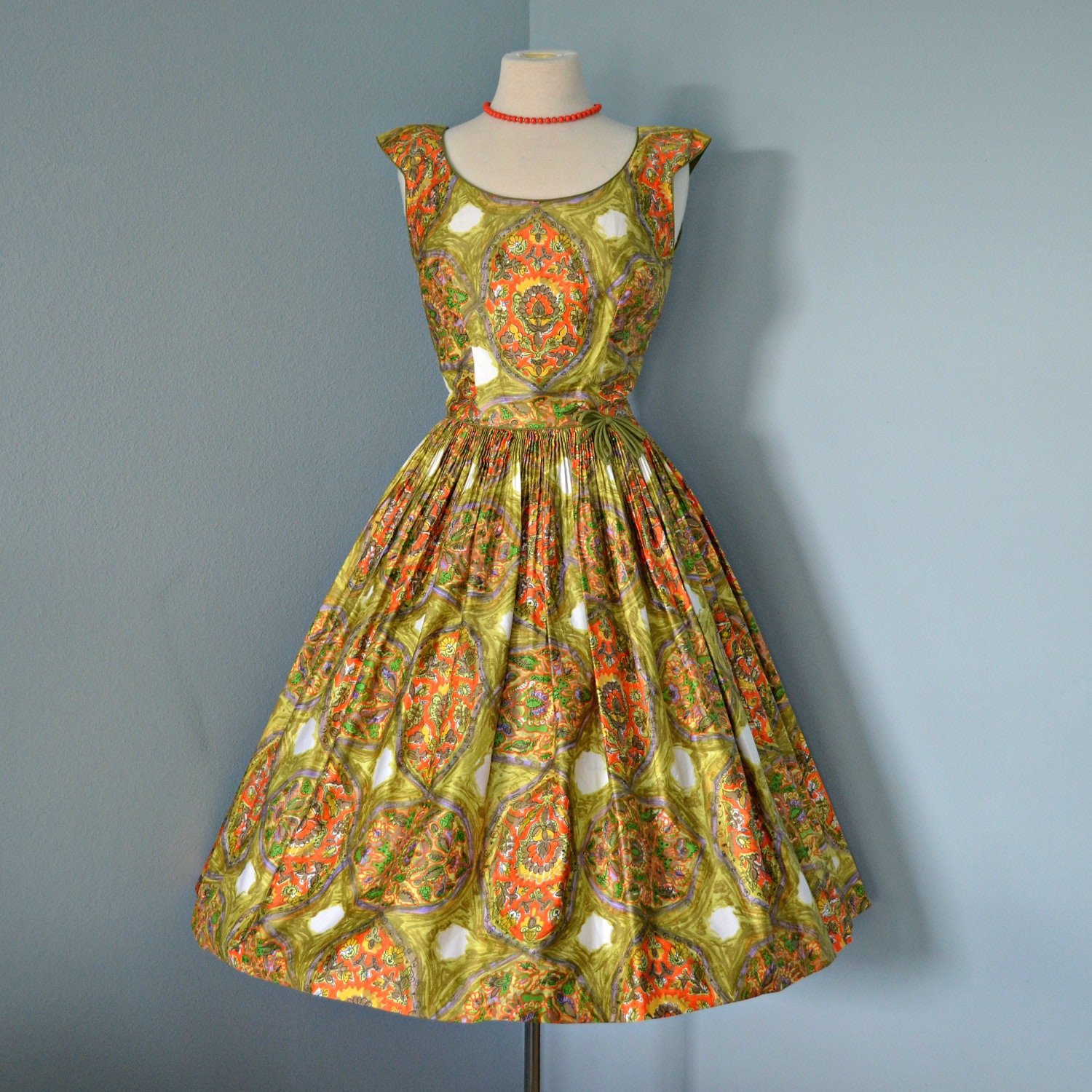 Vintage 1950's Sundress...Gorgeous Retro Print Polished Cotton Sundress