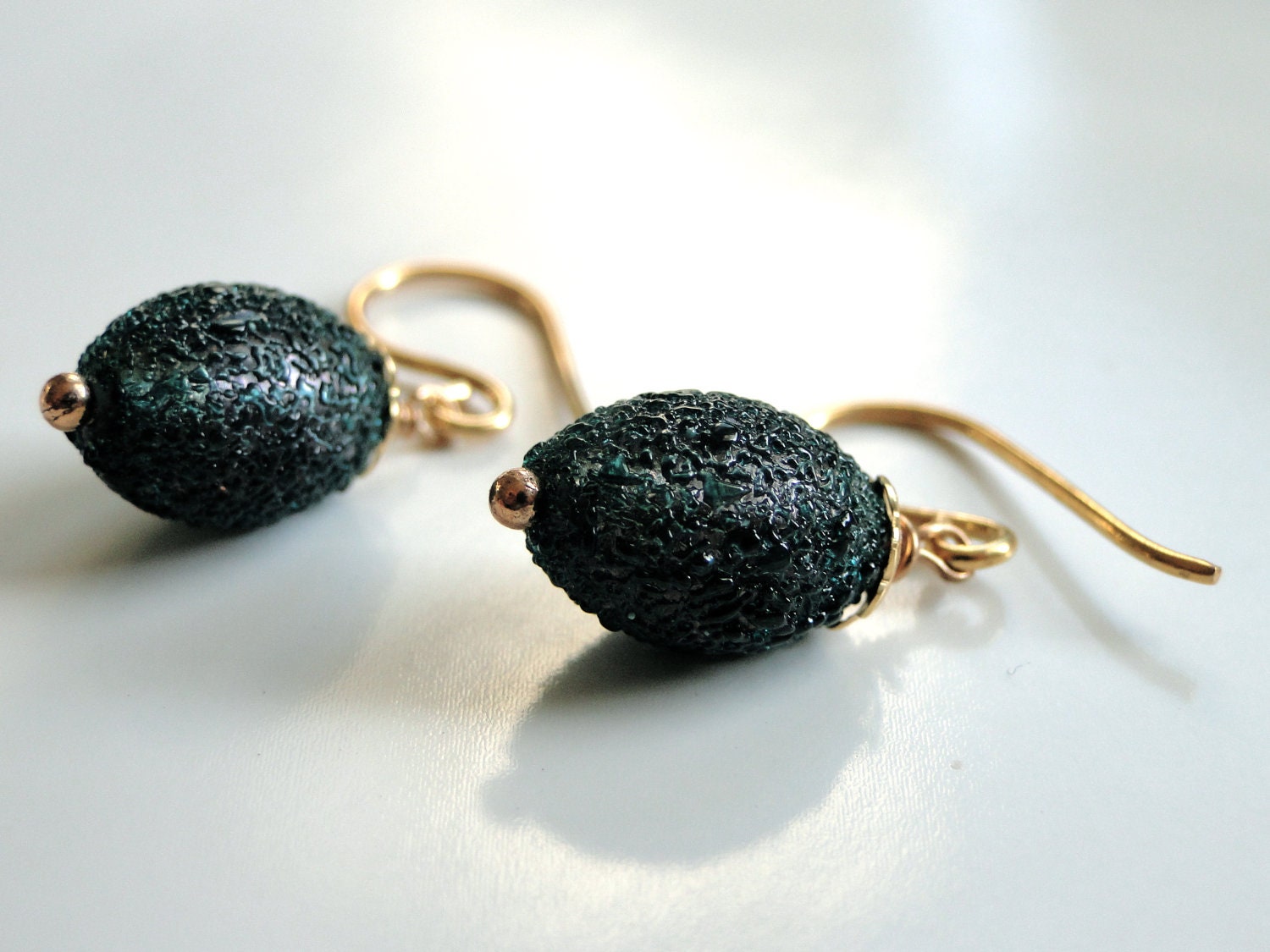 Earrings, Autumn Forest Green, Deep Speckled Green Glass, Rustic, 14kt Gold Filled Hoops, Vermeil, 24kt gold plate Earrings