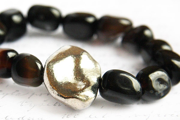 Large Solid Sterling Silver Nugget. Dark Brown Agate Chunky Stone Nugget Bracelet. Stacking. Sophisticated Fine Nature Inspired Tagt