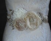 Burlap Rustic Bridal sash wedding belt, Vintage floral, champagne beige ivory creamy nude tan, antiqued shabby chic rhinestone accessory