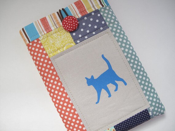 Blue cat screen printed on linen fabric quilted patchwork kindle fire case kindle fire sleeve kindle fire cover