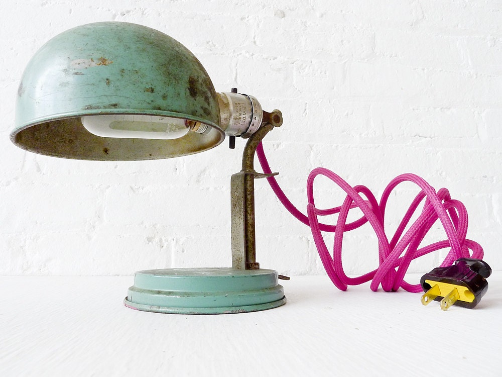 Vintage Industrial Green Lamp or Sconce w/ Light Wine Color Cord