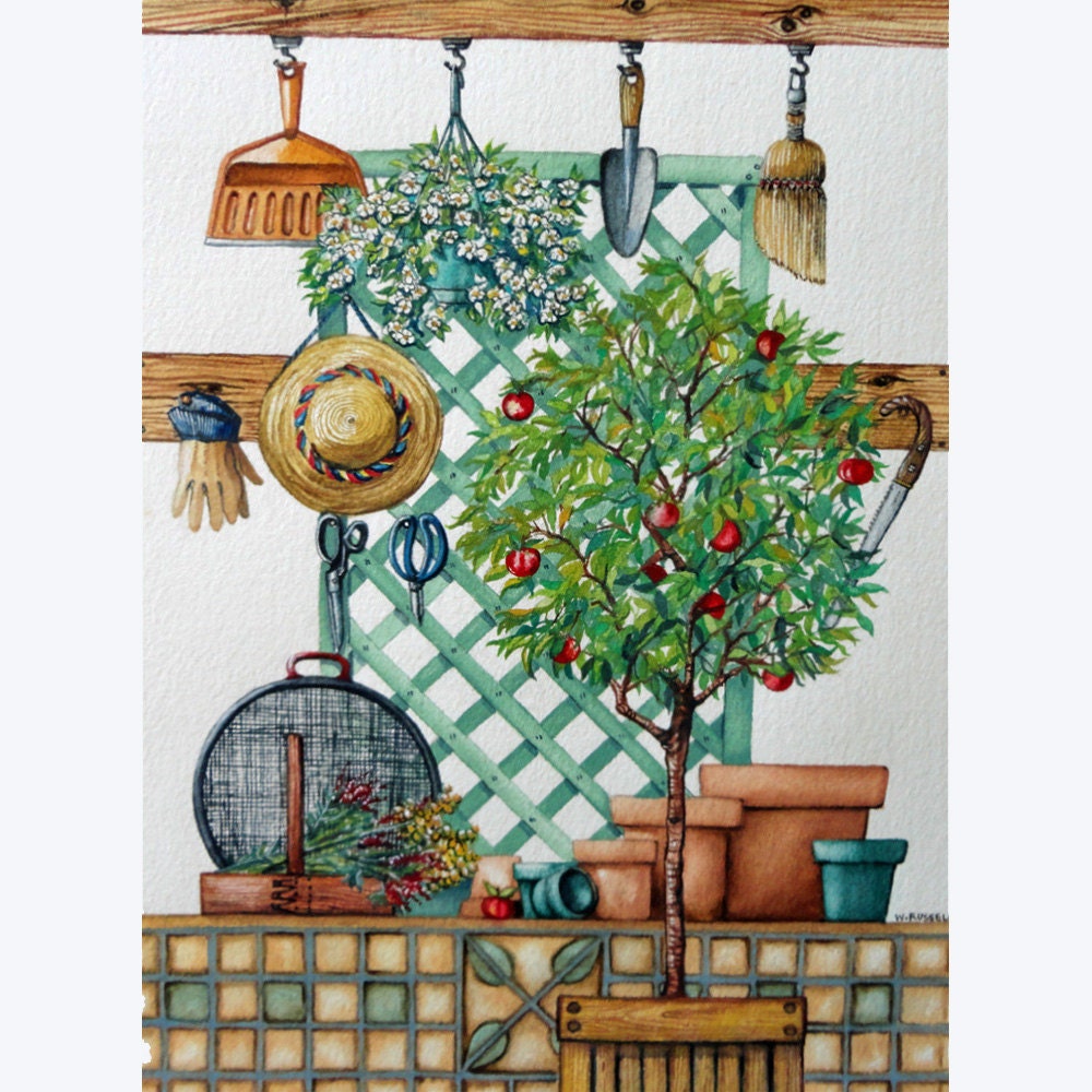 Gardening Original Detailed Watercolor Painting