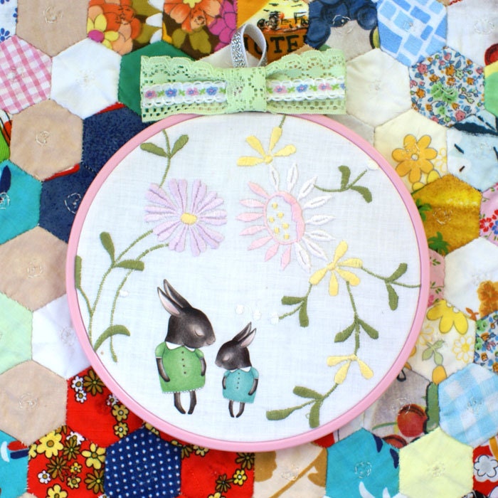 Mama and Baby Shy Bunny with Vintage Floral Embroidered Wall Hanging