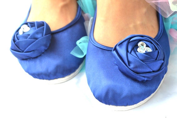 Custom royal blue rose hard bottom walk outside  women ballet  flats bridal shoes