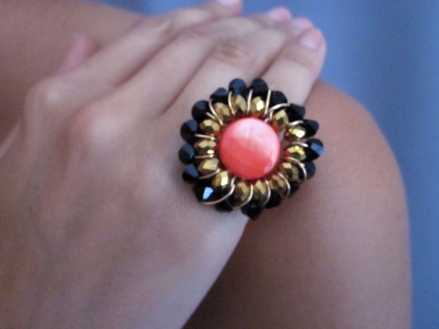 Statement Ring Art Deco Black, Coral, and Gold Swarovski Crystal Wire Wrapped Flower Statement Ring