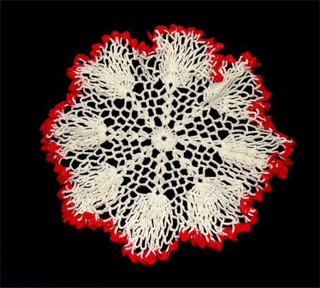 Lovely Red and White DOILY all HANDMADE Crochet 1950's