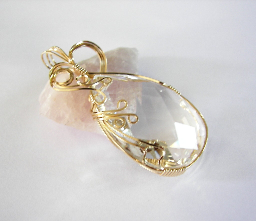 14K Wire Wrapped Faceted Fire and Ice Crystal Pendant