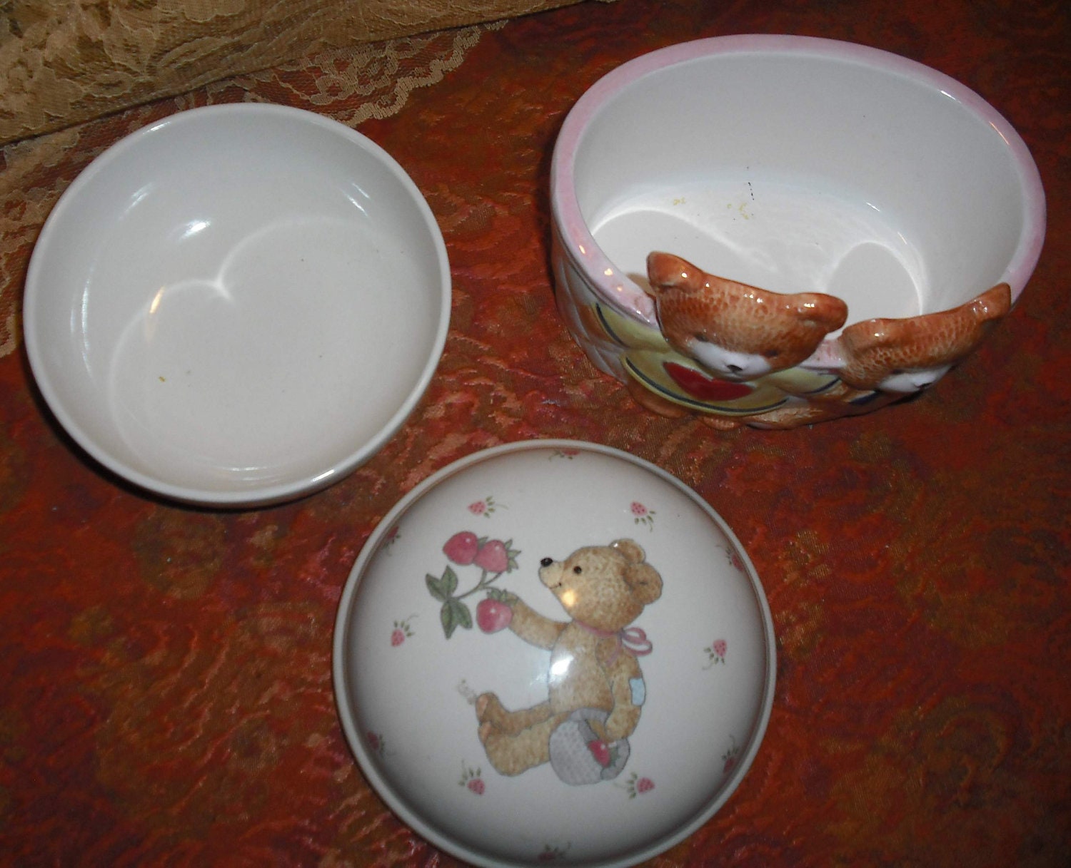 Vintage Teddy Bear Bears Round Box with Lid Planter Vase Ceramic China Mikasa Takahashi San Francisco Home Decor Childs Room Gift Keepsake