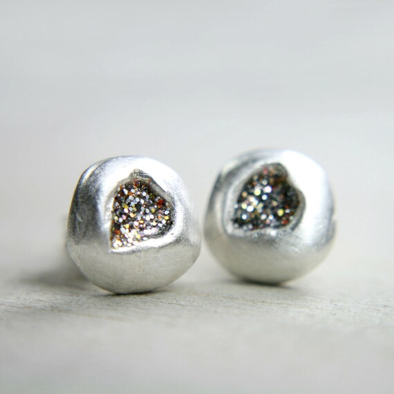 silver pebble studs with gold sparkles - glitter post earrings