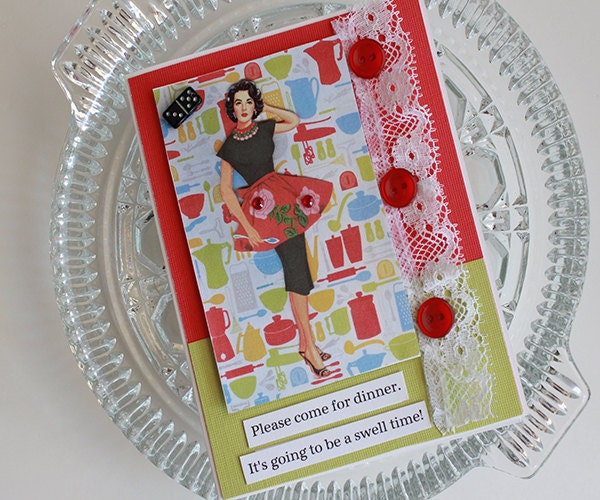 Handmade Retro Paperdoll thank you for dinner party card, nostalgic Hollywood paper goods paper doll greeting shabby chic dinner invitation