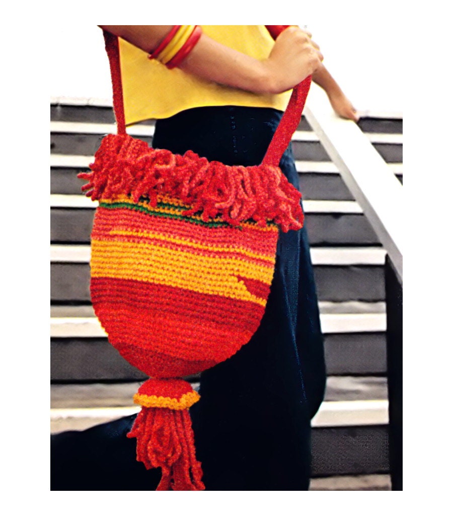 Vintage Crochet Pattern 1970s Shoulder Bag Purse Hippie Messenger Digital Download PDF