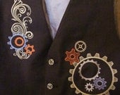 Mens STEAMPUNK brown suit VEST with custom  gears and swirls embroidery size M/L