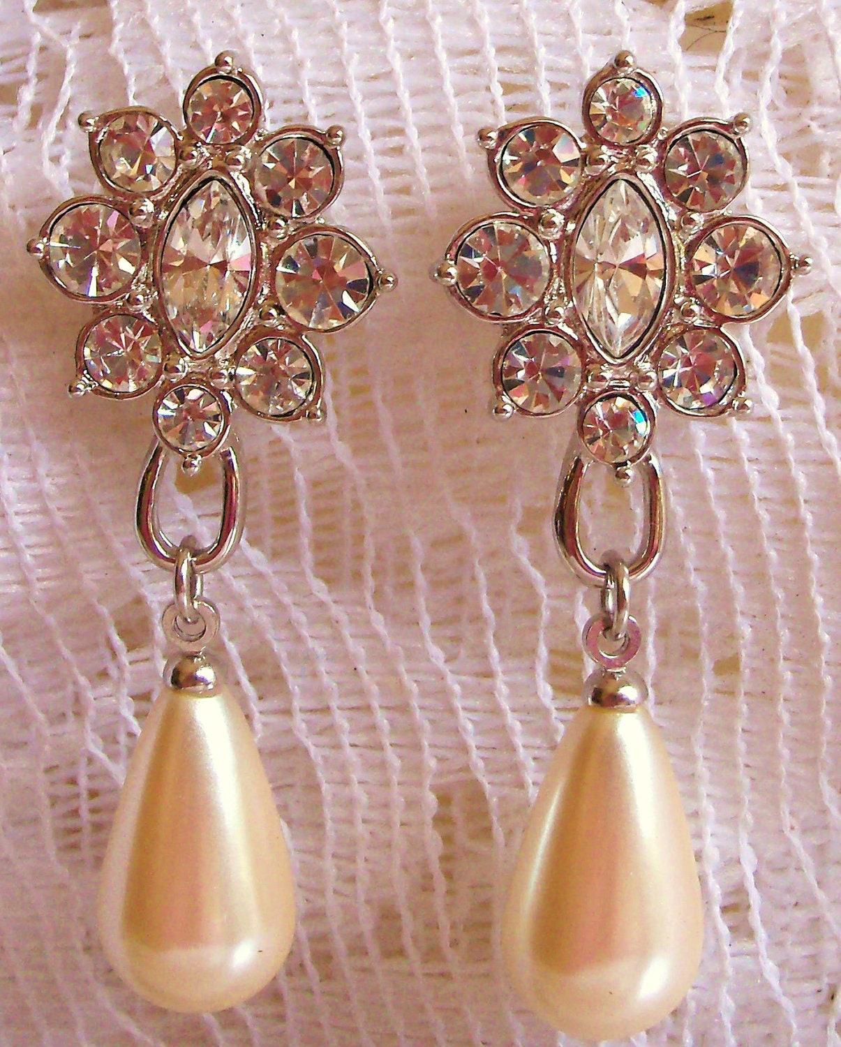 Vintage Monet Rhinestone Fleurette Baroque Pearl Style Bridal Earrings