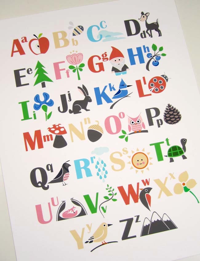 Alphabet Art Print ABC 8x10 Kids Nursery Wall Decor Forest Oregon Woodland Digital Illustration